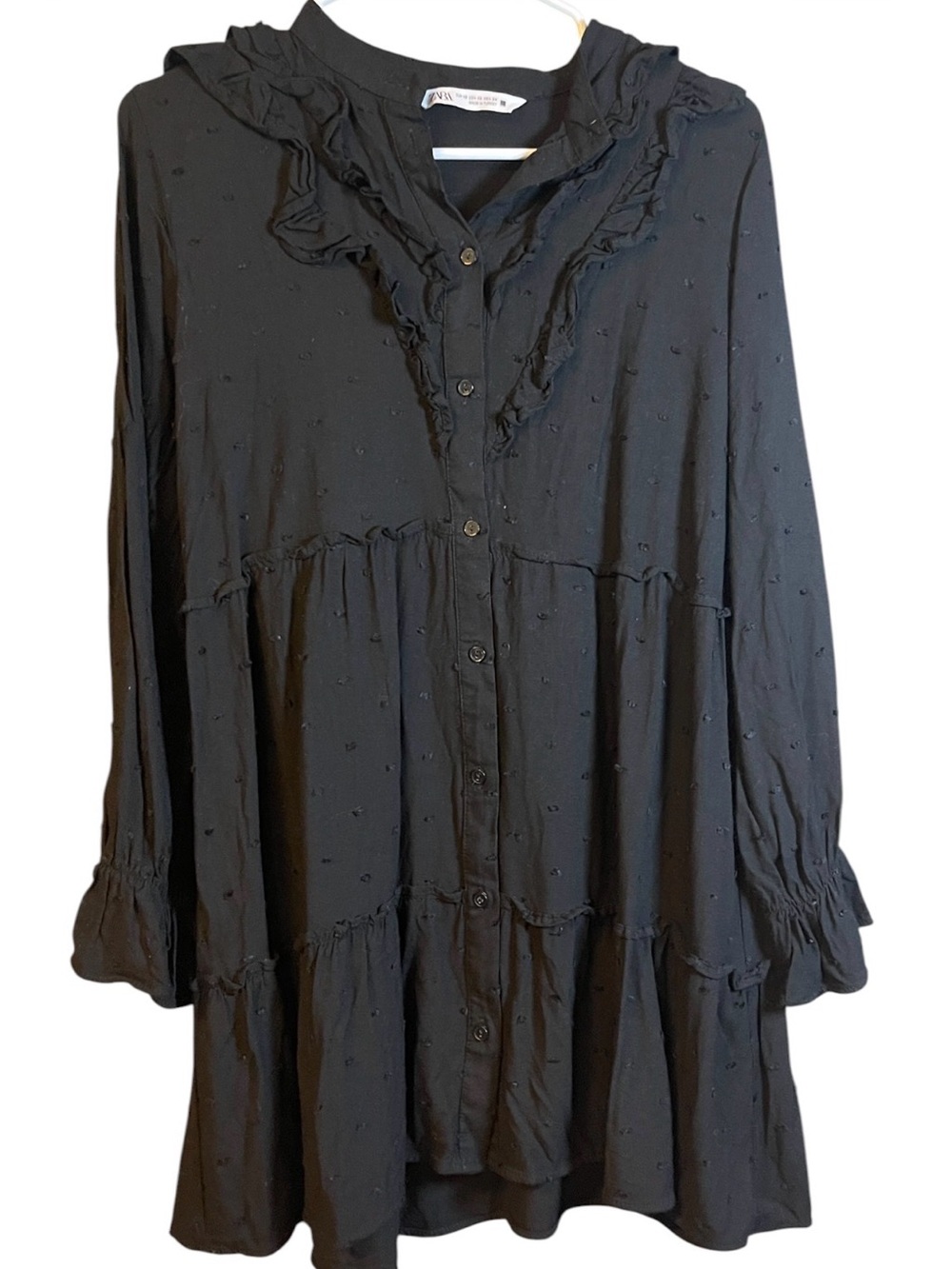 ZARA Ruffled Button-Front Black Tunic Dress